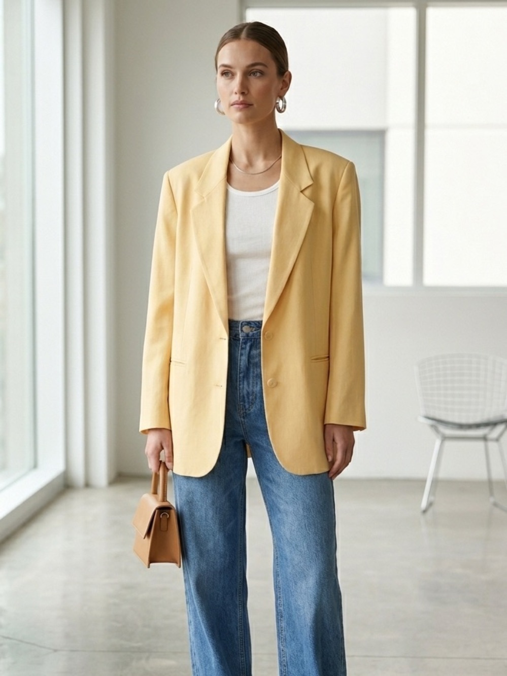 Vintage 1980s butter yellow oversized blazer - size Large